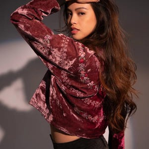 Tyrian Vine Crop Bomber Jacket, Pink Bolero Jacket, Women Embroidered Bomber Jacket, Silk Velvet Jacket, Clubbing Jacket, Custom Embroidery