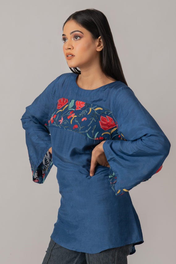 Maple Leaf Embroidered Viscose Blouse: Aari Work Bell Sleeve Top