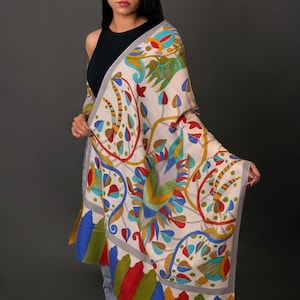 White Hand Painted Cashmere Scarf, Rich Hand Painted Scarf, Vibrant Leaf Pattern Scarf, Pashmina Women Shawls, Soft & Warm Colourful Scarves