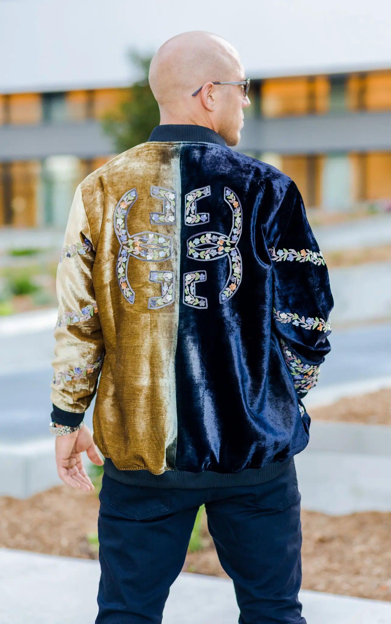 Men's Silk Velvet Ombré Bomber Jacket: Black & Gold, Aari