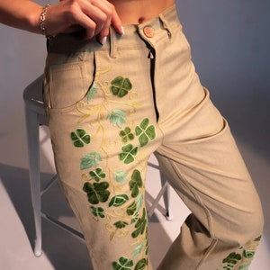 Green Denim Bell Bottom, Embroidery Pants, Cotton Denim, Unique Fashion, Statement Denim, Chic Pants for Women, Girl Denim, Custom Embroider