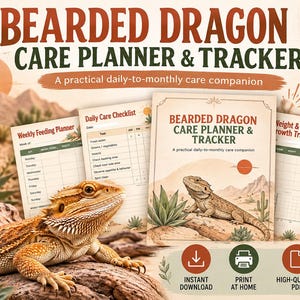 Può includere: Un set digitale di pianificatore e tracker per la cura del drago barbuto con 18 pagine stampabili. La copertina mostra un'illustrazione di un drago barbuto, un paesaggio desertico e il testo Bearded Dragon Care Planner and Tracker.