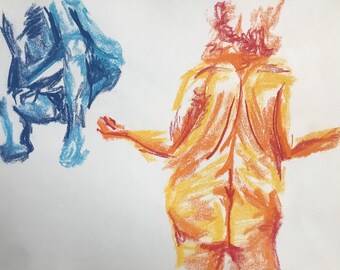 May include: A colorful chalk drawing of two figures. The figure on the left is blue and the figure on the right is orange, yellow, and red.
