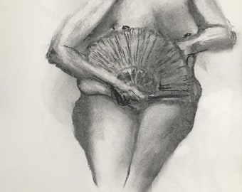 May include: A black and white charcoal drawing of a person holding a closed fan in front of their body.