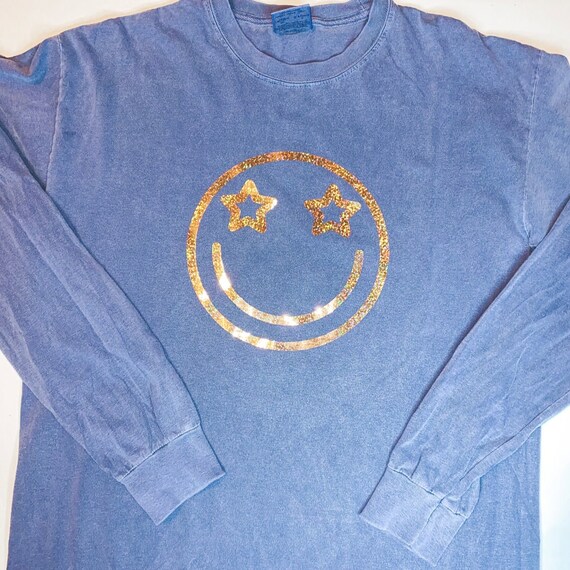 Smile Star Face Gold Metallic Glitter Long Sleeve Tee - Etsy