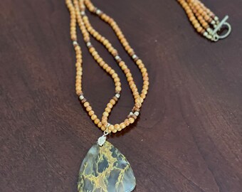 Yellow River Coral Beaded Necklace | Triangular Agate Pendant, Handmade