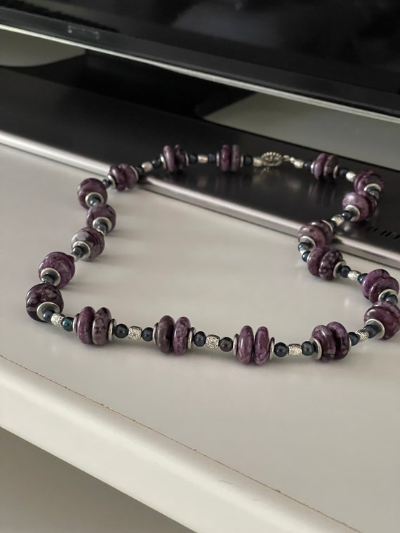 Handcrafted Sugilite Rondelle Necklace | Black Pearl & Sterling Silver