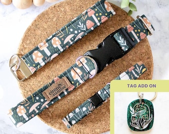 Shroomies | Forest Green Mushroom Dog Collar, Cottagecore Breakaway Cat Collar, Boy Handmade Pet Collar, Botanical Fungus, Key Fob Wristlet