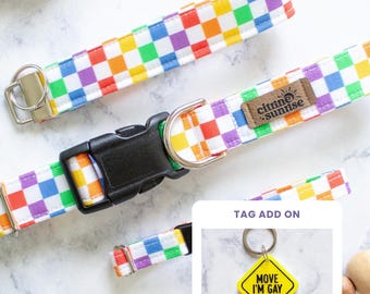 Sk8r Boi | Rainbow Checkered Print Dog Collar, LGBT Pride Breakaway Cat Collar, Unisex Handmade Pet Collar, Match Your Dog, Key Fob Wristlet
