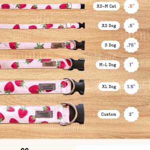 a variety of collar sizes for dogs, each with a different pattern and collar design. The collar sizes are labeled with the corresponding collar widths, and the image also includes a caption that states "Pattern placement changes based on the width of the collar".