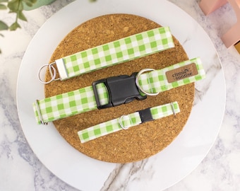Meadow | Gingham Dog Collar, Light Green Spring Summer Cat Collar, Breakaway Cat Collar, Custom Martingale Collar, Matching Key Fob Wristlet