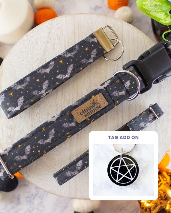 Gone Batty | Bat Dog Collar, Halloween Cat Collar, Moons and Stars Breakaway Cat Collar, Custom Martingale Dog Collar, Bat Dog Tag