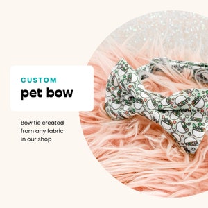 May include: A custom pet bow tie with a taco pattern. The bow tie is white with a repeating design of tacos, hearts, and green accents. The text "CUSTOM pet bow" is displayed on a white rectangle.