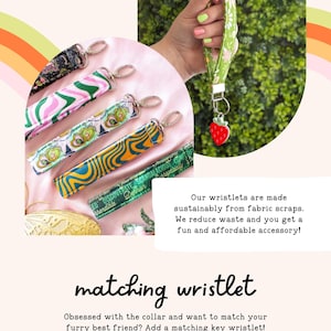 The image is a collage of two photos. The top photo shows a person's hand holding a colorful fabric wristlet, while the bottom photo displays a pink background with a collage of various colorful fabric wristlets.