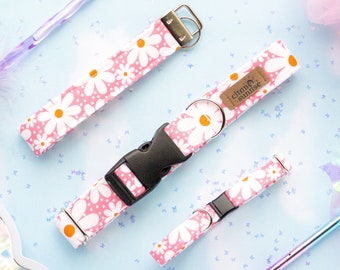 Flower Power | Pink Daisy Dog Collar, Girl Floral Breakaway Cat Collar, Y2K Aesthetic Handmade Pet Collar, Match Your Dog, Key Fob Wristlet