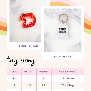 May include: A pet tag featuring a red glittery vampire mouth design on the front and a white back with the text WILLOW, CALL MY MOM, and 000-000-0000. A sizing chart displays dimensions in inches for XS, S, and L sizes, ranging from 1 to 1.6 inches.