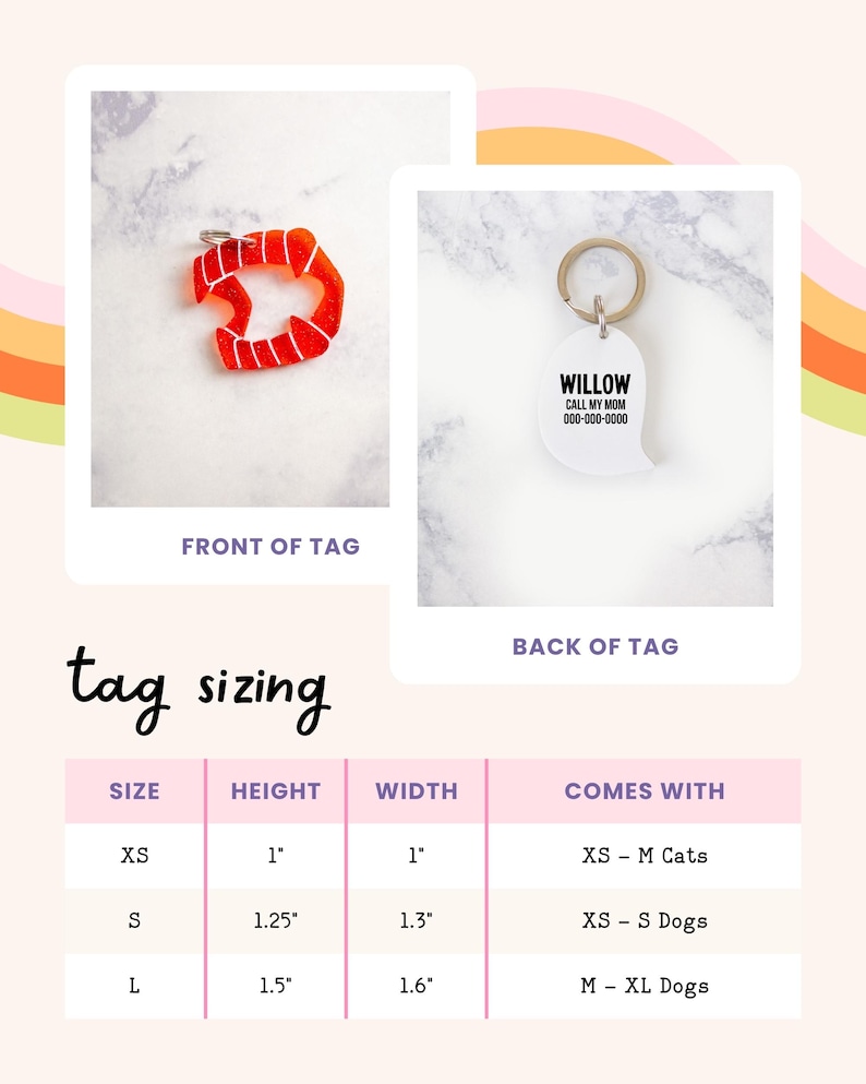May include: A pet tag featuring a red glittery vampire mouth design on the front and a white back with the text WILLOW, CALL MY MOM, and 000-000-0000. A sizing chart displays dimensions in inches for XS, S, and L sizes, ranging from 1 to 1.6 inches.