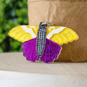 May include: A butterfly-shaped keychain with yellow glitter wings, white accents, and a purple body. The center section is black with white dots. A silver keyring is attached to the top. The keychain is on a light-colored surface.