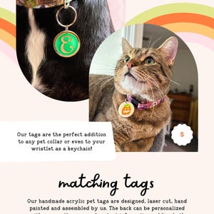 a cat wearing a pet collar with a matching green and orange tag, and a dog wearing a colorful collar with a matching green and orange tag. The tags are described as the perfect addition to any pet collar or even a wristlet, and they are handcrafted acrylic pet tags designed to be laser cut, hand painted, and assembled by the owner. The tags can be personalized with the pet's name and contact information, adding both charm and functionality to the collar.