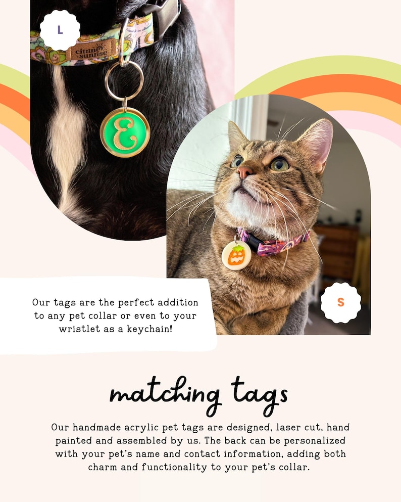 a cat wearing a pet collar with a matching green and orange tag, and a dog wearing a colorful collar with a matching green and orange tag. The tags are described as the perfect addition to any pet collar or even a wristlet, and they are handcrafted acrylic pet tags designed to be laser cut, hand painted, and assembled by the owner. The tags can be personalized with the pet's name and contact information, adding both charm and functionality to the collar.