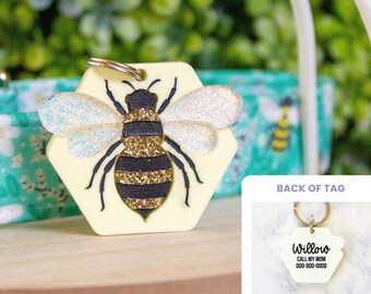 Placa de identificación para mascotas Busy Bee / Bumblebee, placa acrílica personalizada para gatos y perros, placa con nombre personalizada, negocio propiedad de personas LGBTQ+