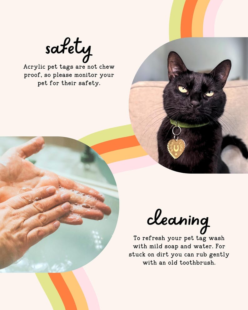 The image is a collage of three images: a hand washing a pet tag, a black cat with a heart-shaped tag, and a black cat with a green collar. The text provides safety tips for pet owners, including the importance of not chewing on pet tags and the need to clean and refresh pet tag washes.