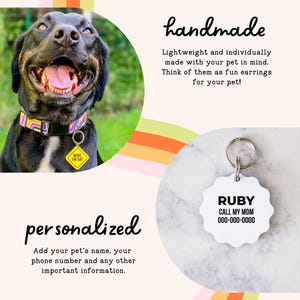 The image is a collage of two photos. The top photo shows a happy dog with a colorful collar, and the bottom photo displays a keychain with the name "Ruby" and the text "Call my mom".