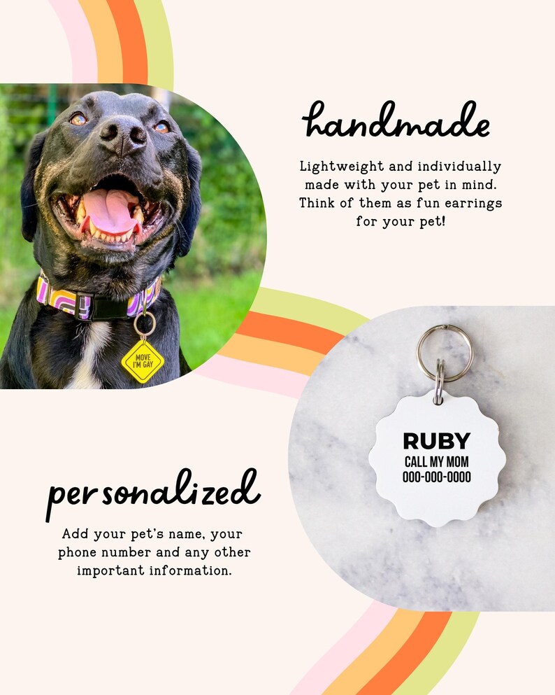 The image is a collage of two photos. The top photo shows a happy dog with a colorful collar, and the bottom photo displays a keychain with the name "Ruby" and the text "Call my mom".