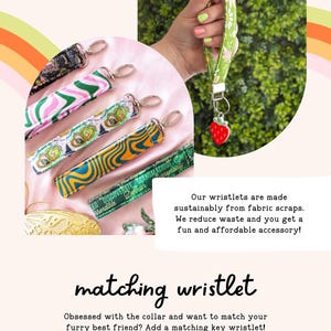 The image is a collage of two photos. The top photo shows a person's hand holding a colorful fabric wristlet, while the bottom photo displays a pink background with a collage of various colorful fabric wristlets.