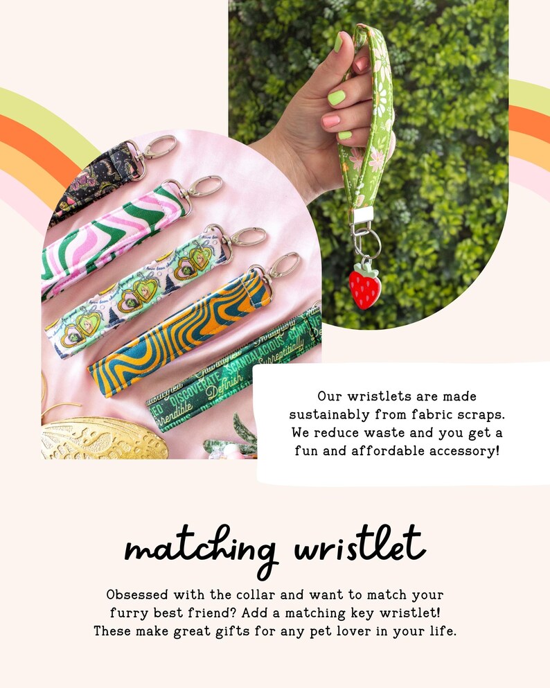 The image is a collage of two photos. The top photo shows a person's hand holding a colorful fabric wristlet, while the bottom photo displays a pink background with a collage of various colorful fabric wristlets.