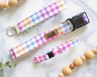 Gingham Cutie | Bright Pastel Gingham Dog Collar, Aesthetic Breakaway Cat Collar, Custom Bunny Ear Pet Bow, Modern Martingale Dog Collar