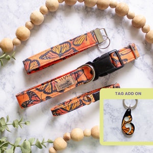 May include: Orange and black butterfly-patterned dog collar, leash, and keychain tag. The collar has a black buckle and a metal D-ring. The leash has a metal clasp. The keychain tag is a butterfly wing shape.