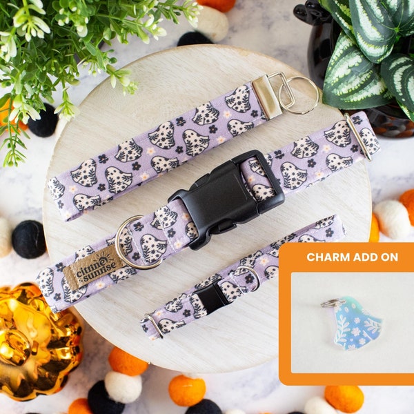 Floral Ghost | Halloween Dog Collar, Boho Ghost Breakaway Cat Collar, Floral Ghost Key Fob Wristlet, Goth Dog Gift, Iridescent Ghost Charm