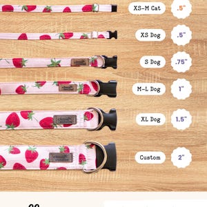 a variety of collar sizes for dogs, each with a different pattern and collar design. The collar sizes are labeled with the corresponding collar widths, and the image also includes a caption that states "Pattern placement changes based on the width of the collar".