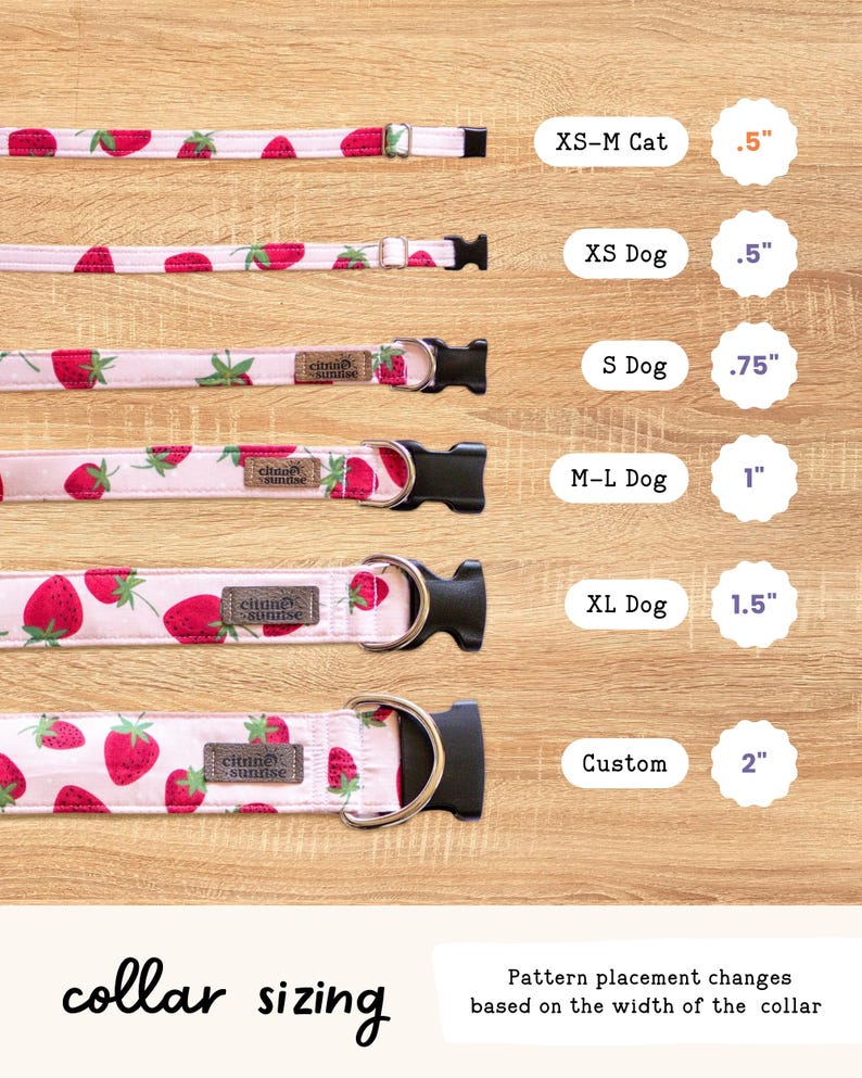 a variety of collar sizes for dogs, each with a different pattern and collar design. The collar sizes are labeled with the corresponding collar widths, and the image also includes a caption that states "Pattern placement changes based on the width of the collar".