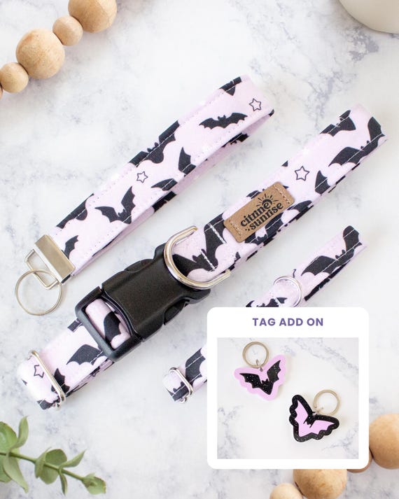 Baby Bat | Pastel Goth Dog Collar, Halloween Cat Collar, Breakaway Cat Collar, Spooky Martingale Collar, Bat Key Wristlet, Halloween Pet Tag