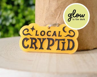 May include: A yellow rectangular acrylic keyring with rounded edges featuring the black text LOCAL CRYPTID, a star, and a crescent moon. A circular sticker with the text glow in the dark is attached to the top right. A silver metal ring is inserted.