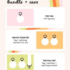 The image is a colorful advertisement for a pet accessory bundle, featuring a variety of pet tags and keychains.