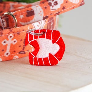 May include: A bright red glittery acrylic pet tag shaped like a pair of vampire fangs with white accents, attached to a silver metal ring. The tag rests against an orange fabric collar featuring a repeating pattern of white skulls and crosses.