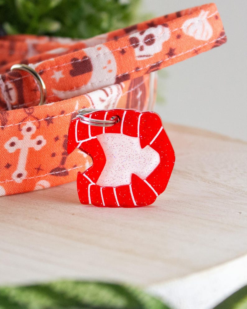 May include: A bright red glittery acrylic pet tag shaped like a pair of vampire fangs with white accents, attached to a silver metal ring. The tag rests against an orange fabric collar featuring a repeating pattern of white skulls and crosses.