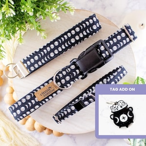 Luna | Moon Phase Dog Collar, Halloween Cat Collar, Witch Breakaway Cat Collar, Custom Martingale Dog Collar, Key Fob, Cauldron Dog Charm image 1