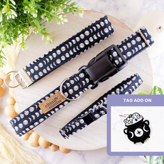 Luna | Moon Phase Dog Collar, Halloween Cat Collar, Witch Breakaway Cat Collar, Custom Martingale Dog Collar, Key Fob, Cauldron Dog Charm
