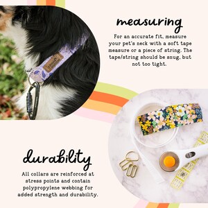 The image is a collage of two images, one showing a dog wearing a collar and the other displaying a variety of colorful and textured items such as a floral patterned bag, a yellow and orange striped bag, and a white and yellow striped bag. The text provides information about the durability of pet collars and the importance of measuring the pet's neck with a soft tape measure to ensure a snug fit, but not too tight.