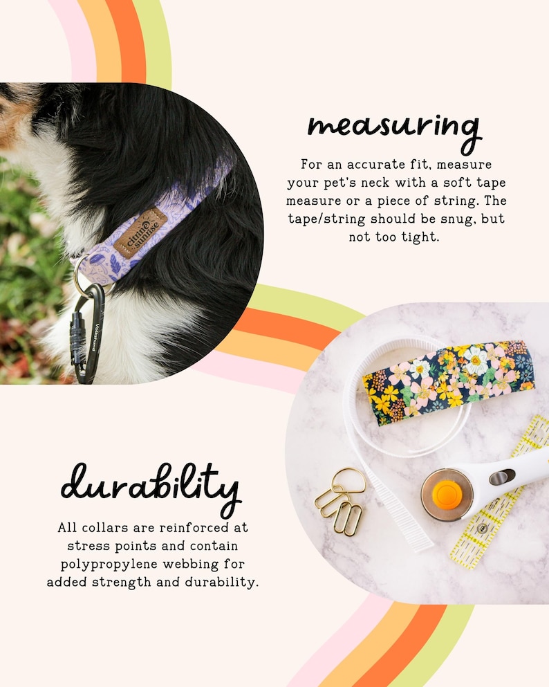 The image is a collage of two images, one showing a dog wearing a collar and the other displaying a variety of colorful and textured items such as a floral patterned bag, a yellow and orange striped bag, and a white and yellow striped bag. The text provides information about the durability of pet collars and the importance of measuring the pet's neck with a soft tape measure to ensure a snug fit, but not too tight.