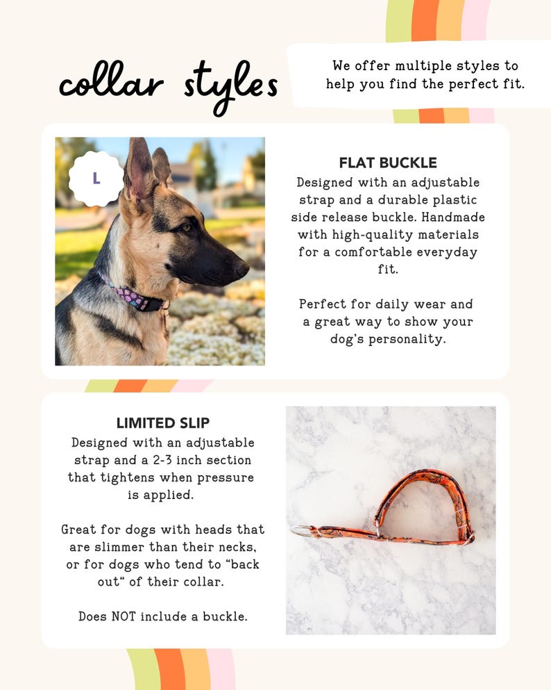 May include: An informational graphic titled collar styles displaying two options. The first shows a German Shepherd wearing a purple patterned flat buckle collar. The second shows an orange patterned limited slip collar without a buckle.