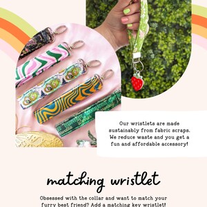 The image is a collage of two photos. The top photo shows a person's hand holding a colorful fabric wristlet, while the bottom photo displays a pink background with a collage of various colorful fabric wristlets.