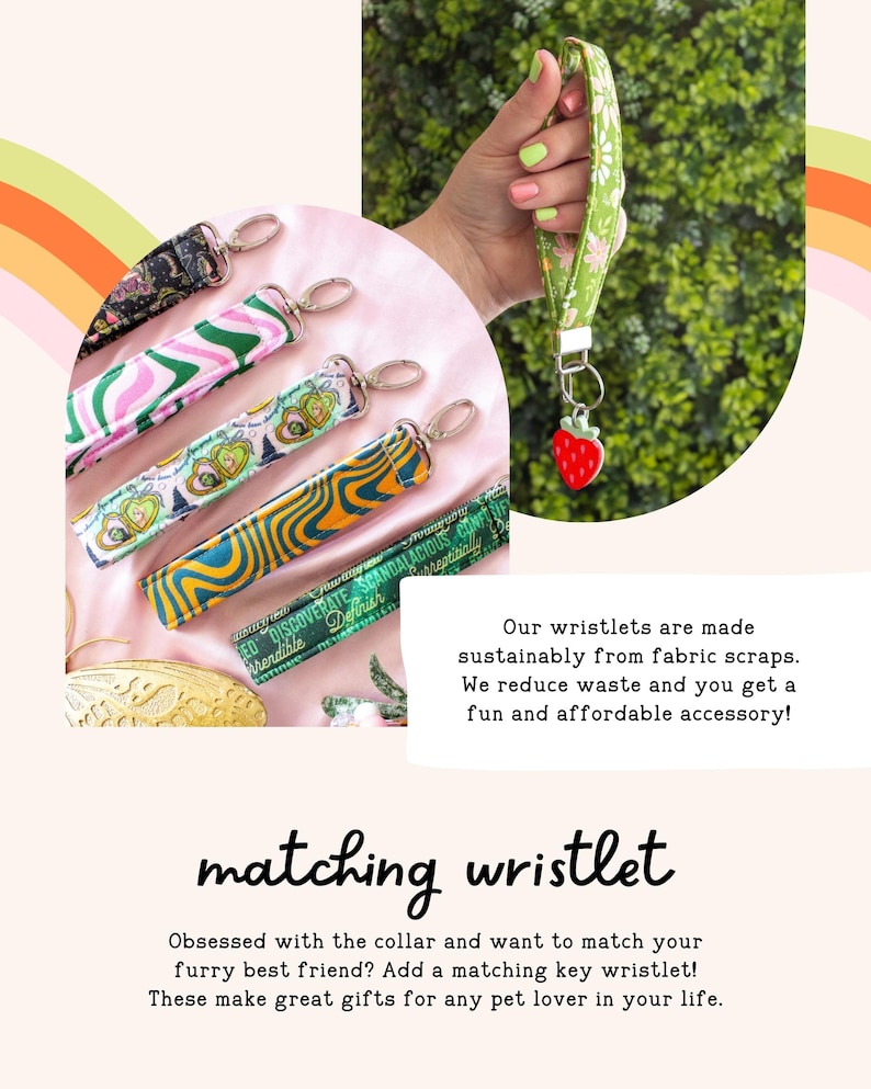 The image is a collage of two photos. The top photo shows a person's hand holding a colorful fabric wristlet, while the bottom photo displays a pink background with a collage of various colorful fabric wristlets.