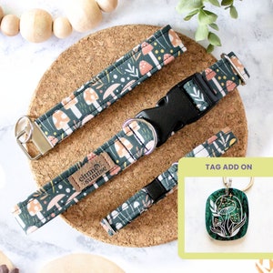 Shroomies | Forest Green Mushroom Dog Collar, Cottagecore Breakaway Cat Collar, Boy Handmade Pet Collar, Botanical Fungus, Key Fob Wristlet