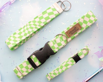 Good Vibes | Lime Green Checkered Print 90s Dog Collar, Groovy Breakaway Cat Collar, Boy Dog Collar, Funky Soft Cat Collar, Key Fob Wristlet