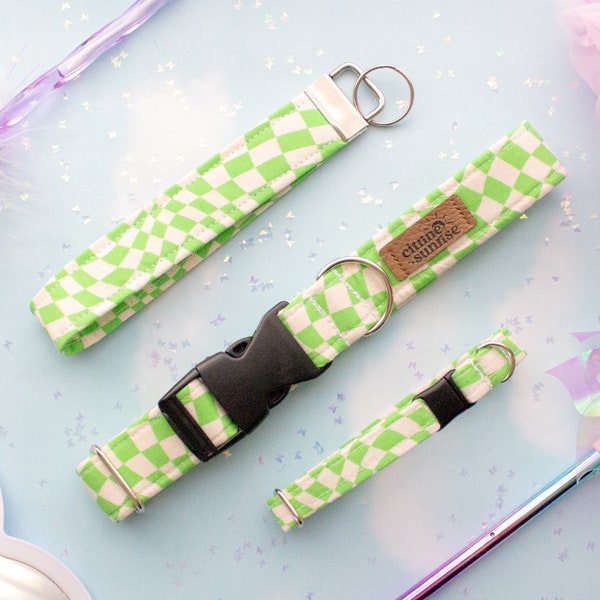 Good Vibes | Lime Green Checkered Print 90s Dog Collar, Groovy Breakaway Cat Collar, Boy Dog Collar, Funky Soft Cat Collar, Key Fob Wristlet